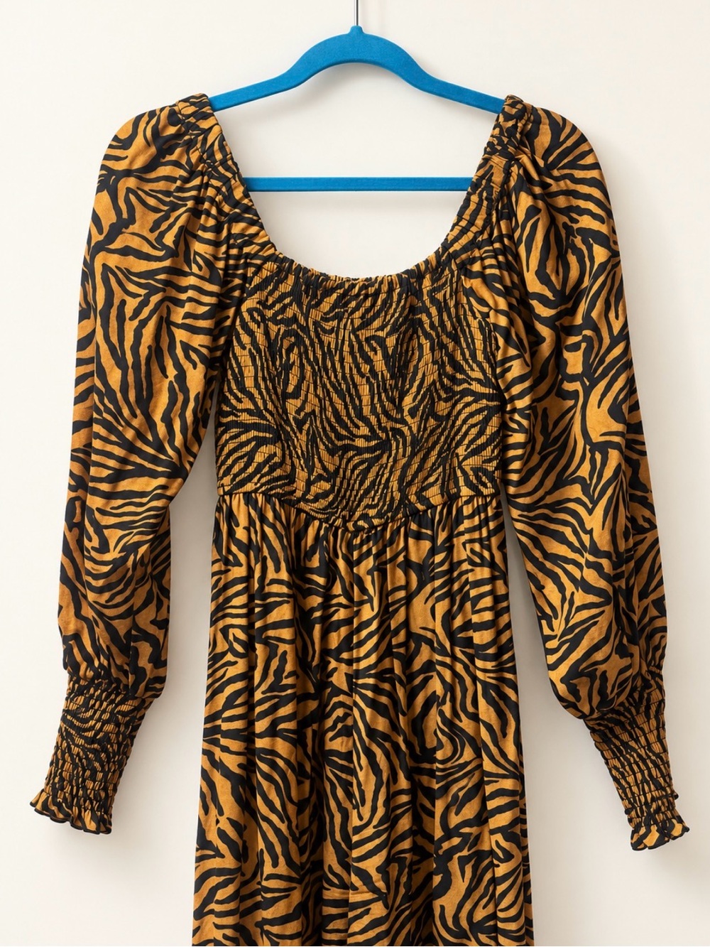 Smocked Tiger-Print Maxi Dress in Mustard and Black - Picture 2 of 5